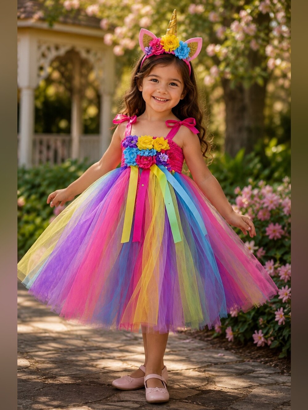 Girls Rainbow Unicorn Tutu Dress Costume with Unicorn Headband Size 4-5Y